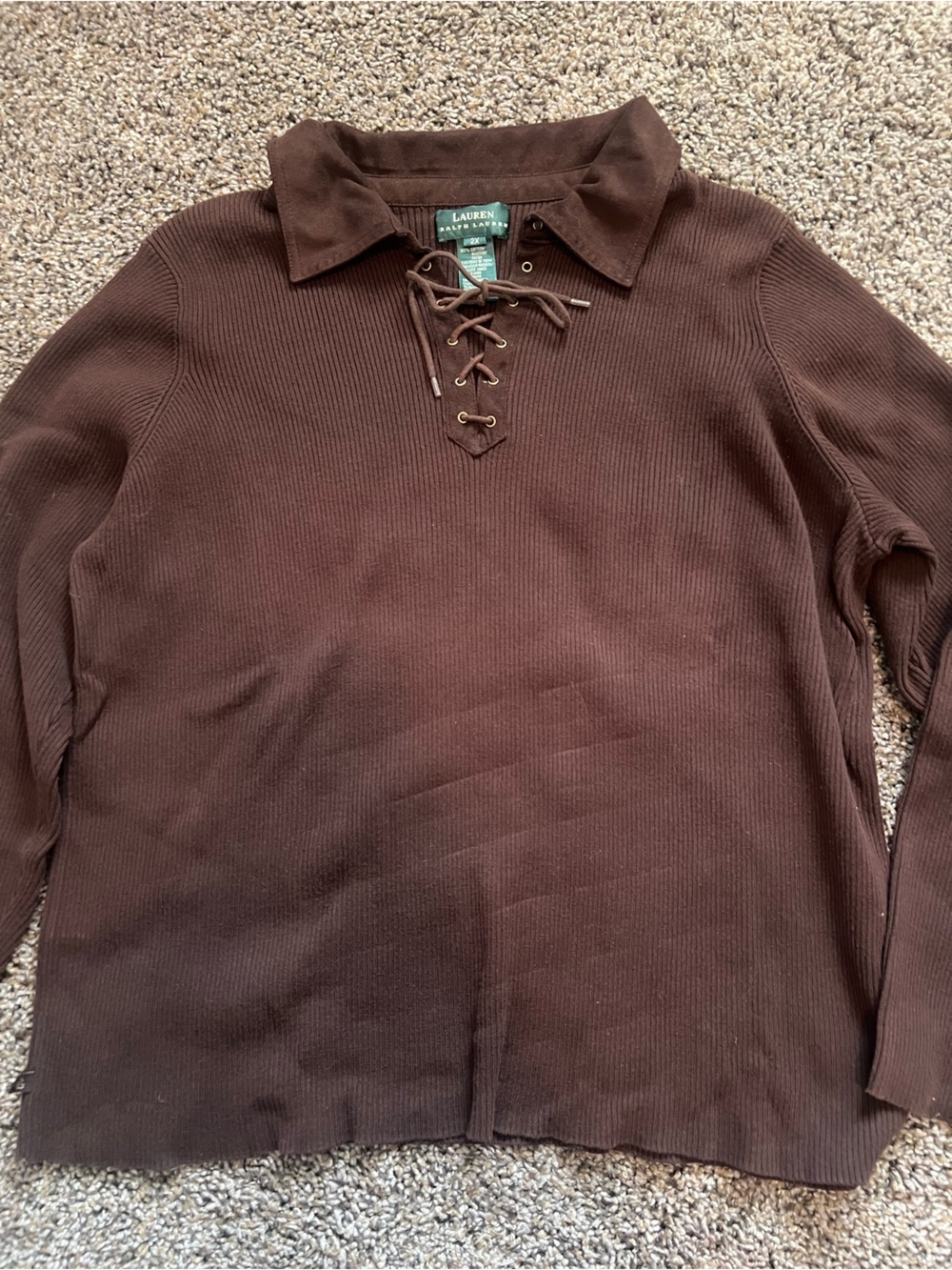 Lauren Ralph Lauren Brown Lace-Up V-Neck Collared Sweater